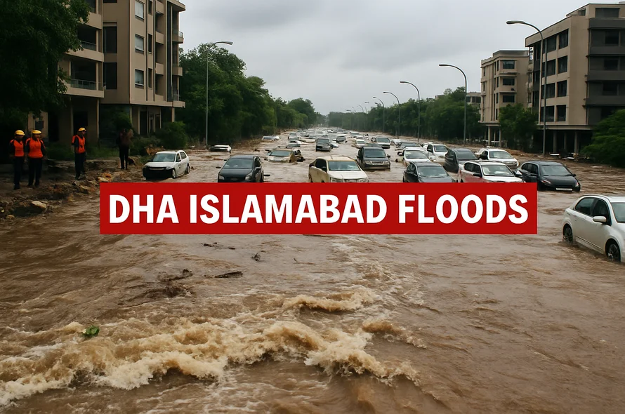 a flooded street with cars and buildings In DHA Islamabad 