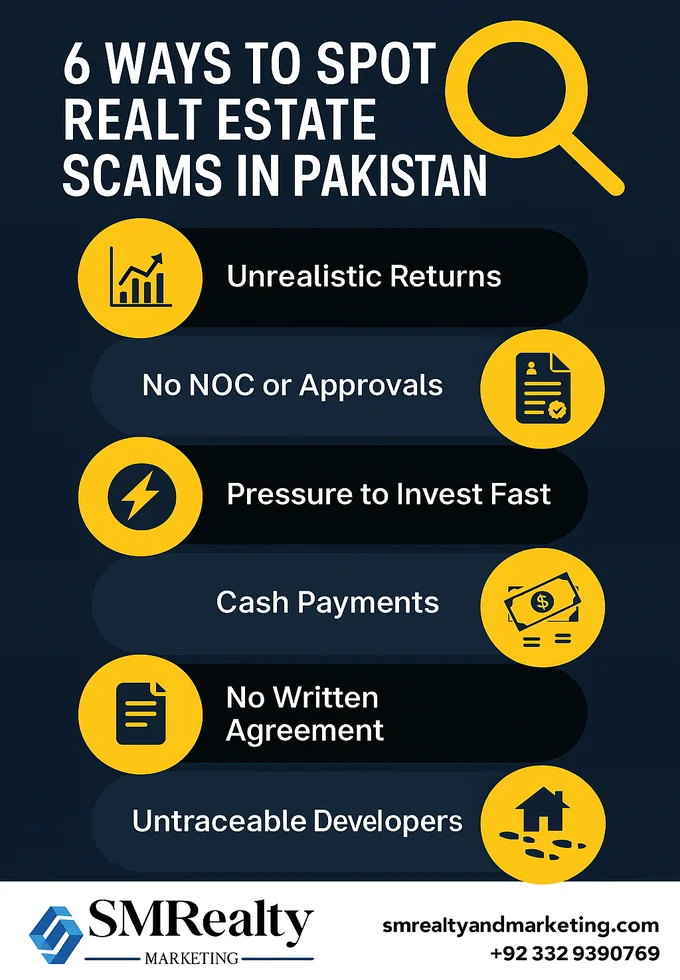 this is an image "6 Ways To Spot Real estate Scams In Pakistan on topic Real Estate Investing Scams in Pakistan 2026