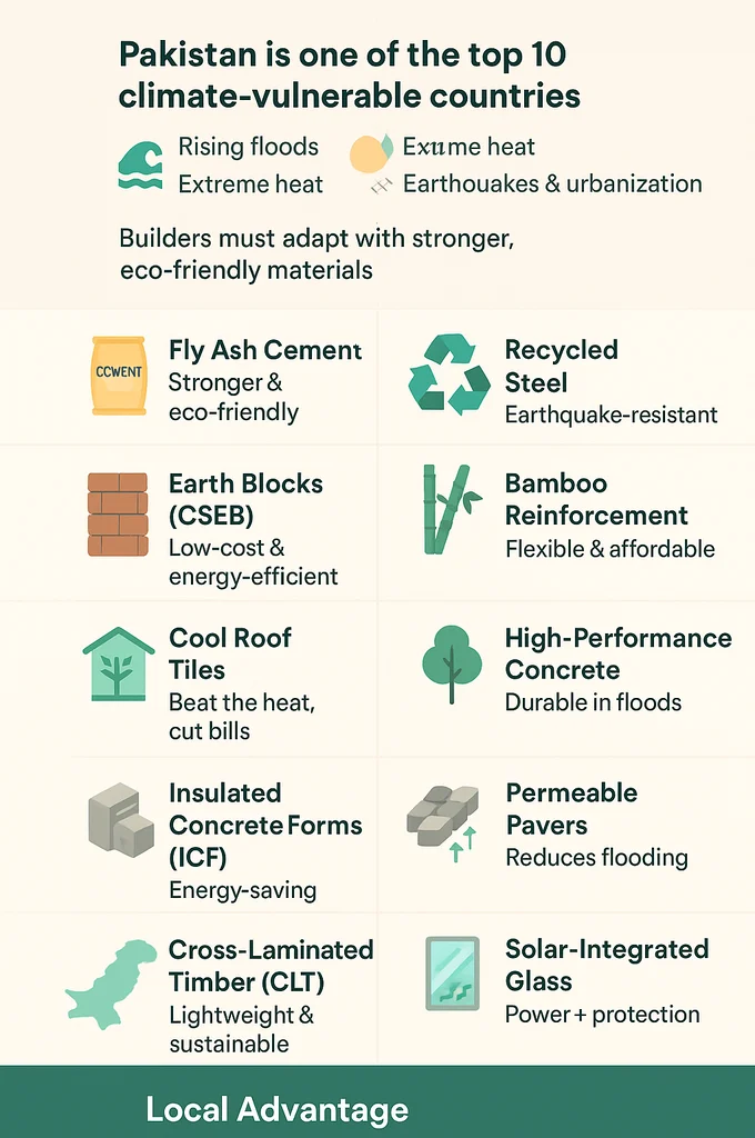 10 Climate-Resilient Construction Materials list in an infographic image form describes the nature and benefits of materials   