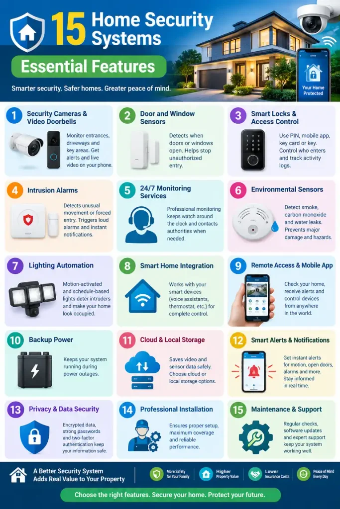 15 Home Security Systems Essential Features: including security cameras, smart locks, entry sensors, alarms, backup power, and privacy protection.