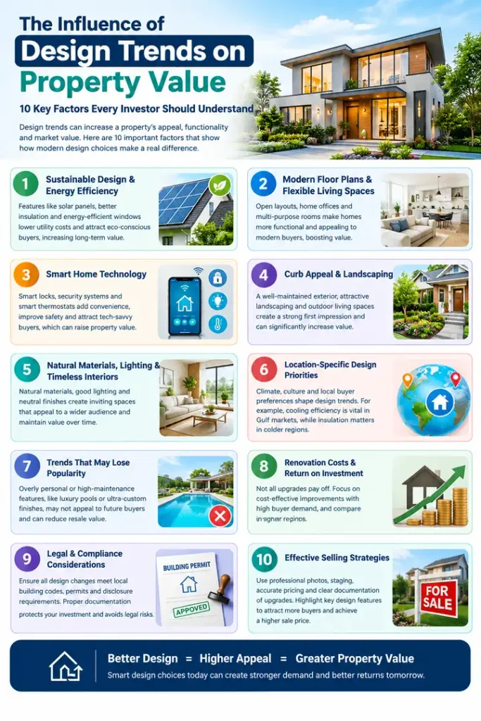 The Influence of Design Trends on Property Value: 10 factors including sustainable design, smart homes, curb appeal, renovation ROI, and selling strategies.