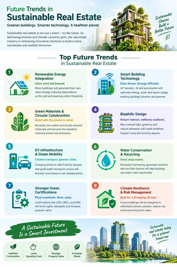 Sustainable building practices in real estate infographic highlighting green buildings, renewable energy, smart technology, eco-friendly materials, water conservation, and climate-resilient design.