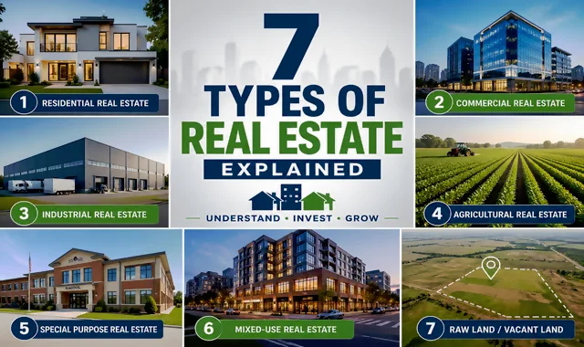 Infographic showing 7 types of real estate explained : residential homes, commercial office buildings, industrial warehouses, agricultural farmland, special purpose properties like schools, mixed-use developments, and raw land.