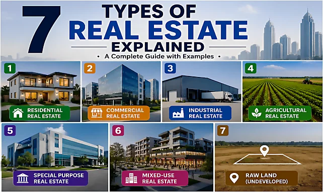 Infographic illustrating 7 types of real estate explained: residential homes, commercial buildings, industrial warehouses, agricultural farmland, special purpose properties, mixed-use developments, and raw undeveloped land.