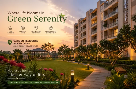 Landscaped courtyard view of Silver Oaks, Garden Residence, Sukh Chayn featuring modern best apartments in islamabad buildings, walking paths, lush gardens, and peaceful outdoor amenities at sunset.