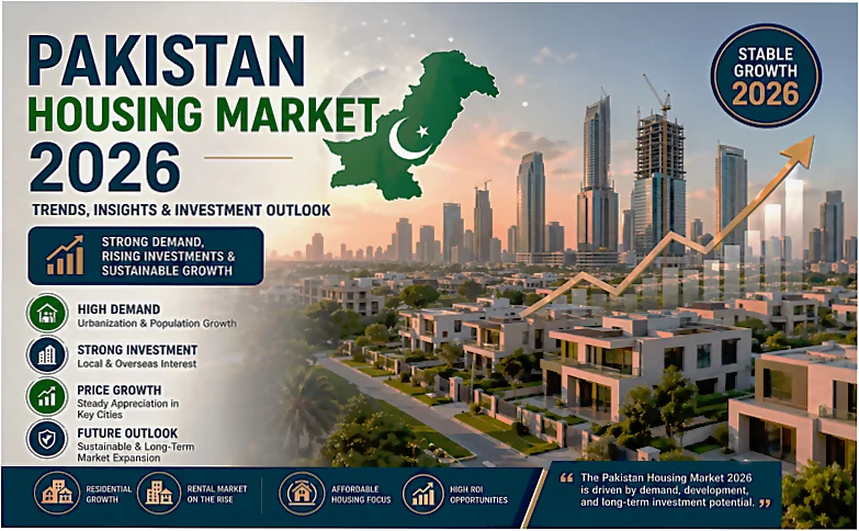 Pakistan housing market 2026 showing modern housing society, urban skyline, rising property prices, and real estate investment growth trends